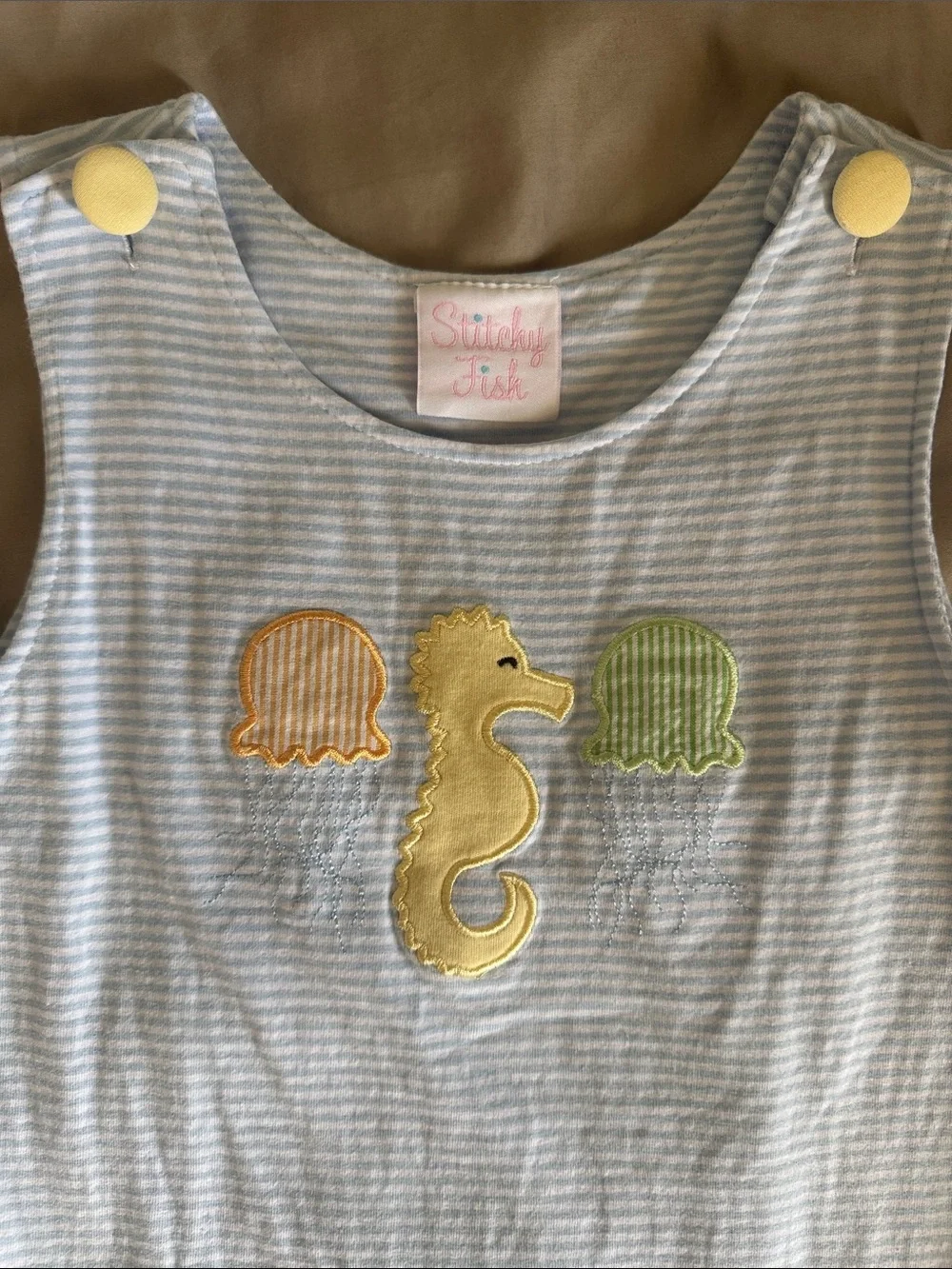 Striped Baby Romper with Seahorse Applique - Pastel Yellow & Green